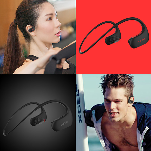 Červená bezdrôtová Bluetooth slúchadlá a čierna slúchadlá. Vhodná pre ženy i mužov na behanie. Dacom Athlete L05.